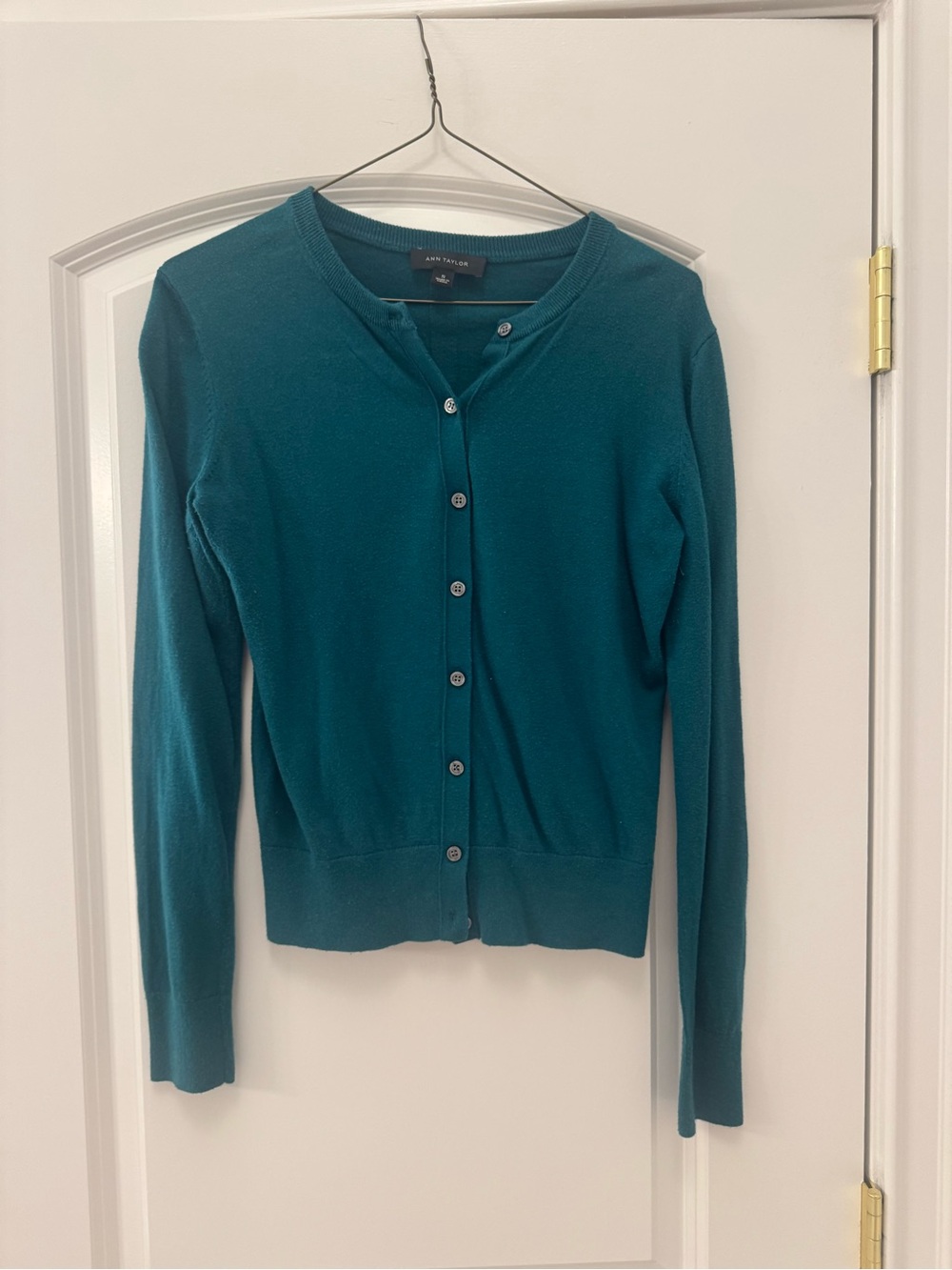 Ann Taylor Teal Button-Front Crewneck Sweater